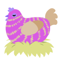 Tomato, a orchid and beige chicken with a bar pattern