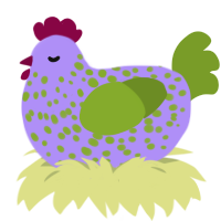A lilac and chartreuse chicken with a speckle pattern
