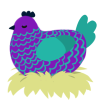 A violet and turquoise chicken with a lace pattern