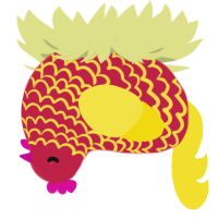 A crimson and yellow chicken with a lace pattern