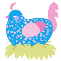 A sky and pink chicken with a speckle pattern