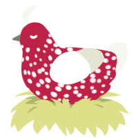 A crimson and white chicken with a speckle pattern
