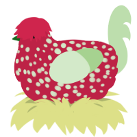 Strawberry, a crimson and gluppy chicken with a speckle pattern