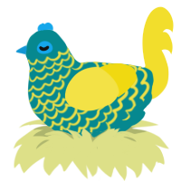 A teal and yellow chicken with a lace pattern