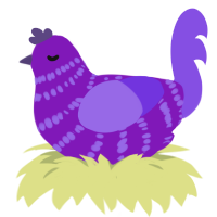 A violet and blurple chicken with a bar pattern