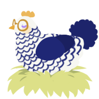 A white and navy chicken with a lace pattern