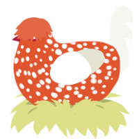 A vermilion and white chicken with a speckle pattern