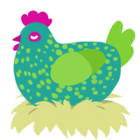 A turquoise and grass chicken with a speckle pattern