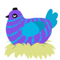 A blurple and cerulean chicken with a bar pattern