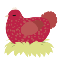 A crimson and red chicken with a speckle pattern