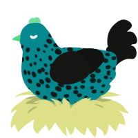 Mold, a teal and black chicken with a speckle pattern