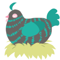 A grey and turquoise chicken with a bar pattern