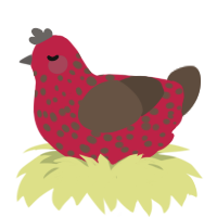 A crimson and bark chicken with a speckle pattern
