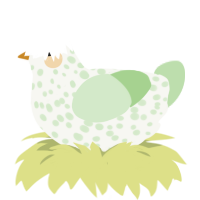 A white and gluppy chicken with a speckle pattern