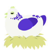 A white and indigo chicken with a neck-speckle pattern