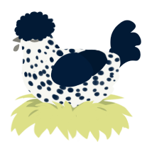 A white and tumblr chicken with a speckle pattern