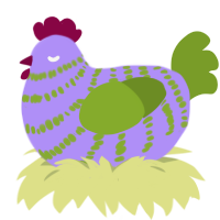 A lilac and chartreuse chicken with a bar pattern