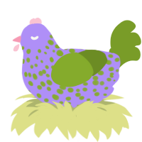 A lilac and chartreuse chicken with a speckle pattern