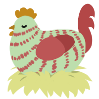 A gluppy and red chicken with a bar pattern
