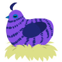 Anna, a blurple and navy chicken with a bar pattern