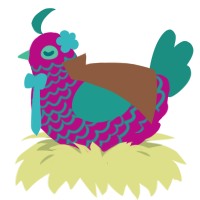 A fuchsia and turquoise chicken with a lace pattern