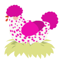 A white and fuchsia chicken with a speckle pattern