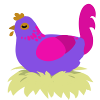 A blurple and fuchsia chicken with a neck-speckle pattern