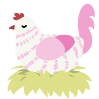 A white and pink chicken with a bar pattern