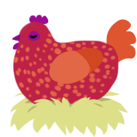 A crimson and vermilion chicken with a speckle pattern