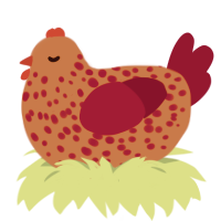 A red and maroon chicken with a speckle pattern
