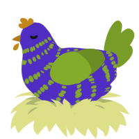 A indigo and chartreuse chicken with a bar pattern