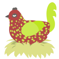 Strawberry, a red and lime chicken with a speckle pattern