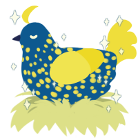 Layla, a ultramarine and yellow chicken with a speckle pattern