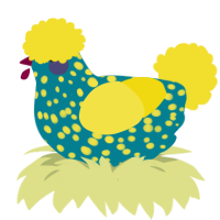 A sea and yellow chicken with a speckle pattern