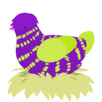 beetlejuice, a violet and lime chicken with a bar pattern