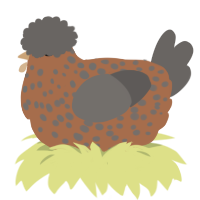 fluffy potato, a brown and grey chicken with a speckle pattern