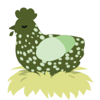 A olive and gluppy chicken with a speckle pattern