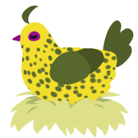 barf, a yellow and olive chicken with a speckle pattern