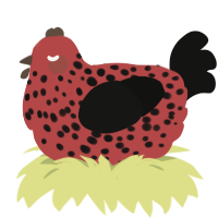 A red and black chicken with a speckle pattern