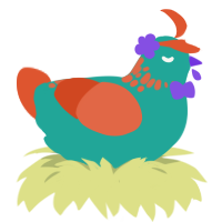 A turquoise and vermilion chicken with a neck-speckle pattern