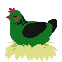 A leaf and black chicken with a neck-speckle pattern
