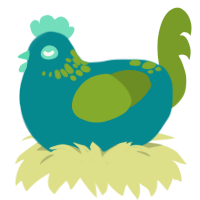 A teal and chartreuse chicken with a neck-speckle pattern