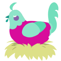 Crime and Punishment, a fuchsia and mint chicken with a head pattern