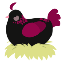 A black and maroon chicken with a neck-speckle pattern