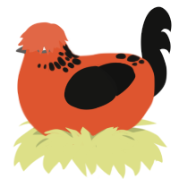 H Eve, a vermilion and black chicken with a neck-speckle pattern
