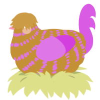 A gold and orchid chicken with a bar pattern