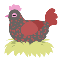 Bacon, a grey and red chicken with a speckle pattern