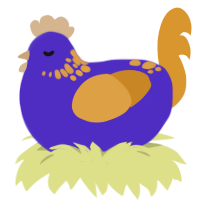 A indigo and orange chicken with a neck-speckle pattern