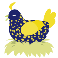 A navy and yellow chicken with a speckle pattern