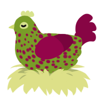 dragonfruit, a chartreuse and maroon chicken with a speckle pattern